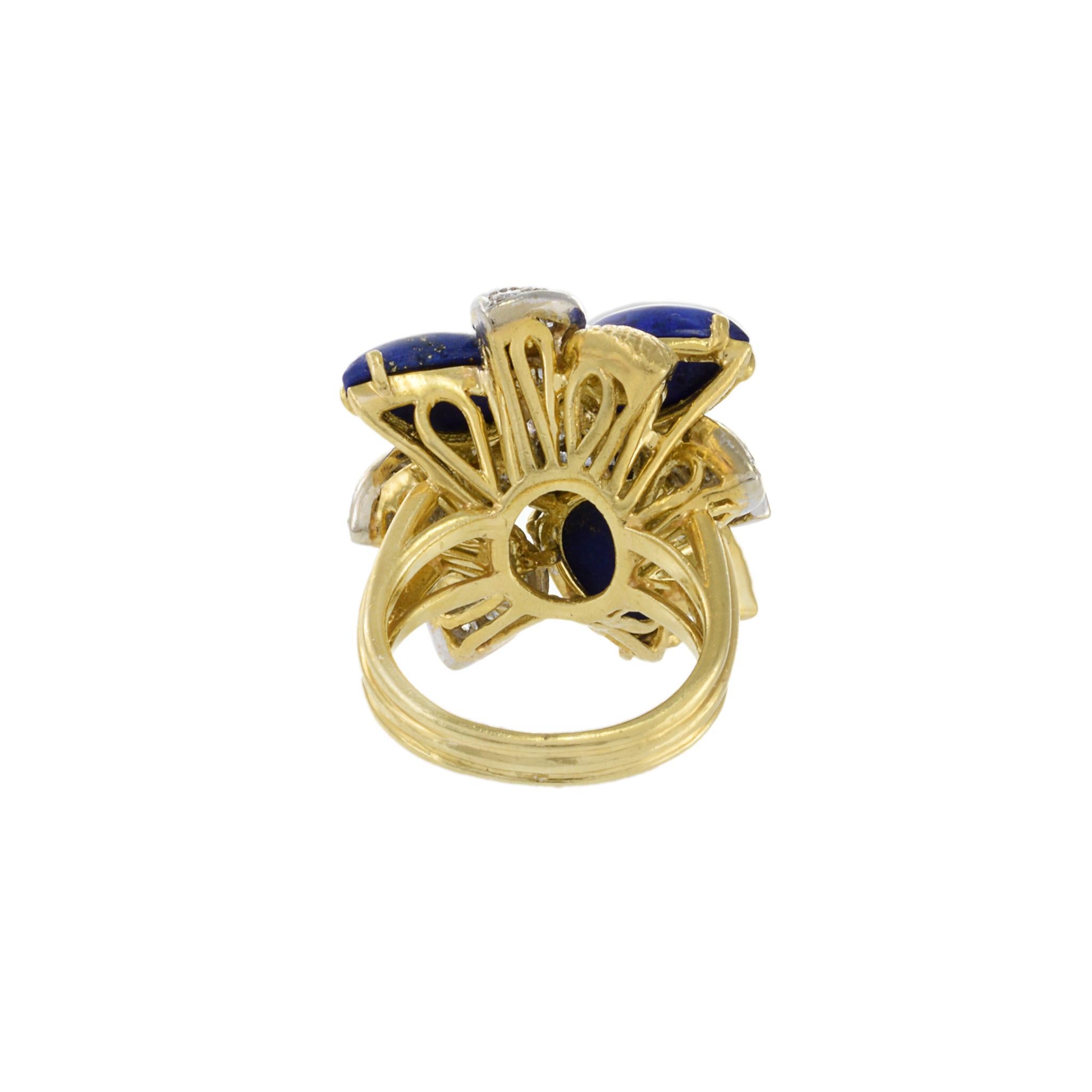 Retro Era 18KT Yellow Gold Lapis Lazuli And Diamond Flower Ring For Sale 3