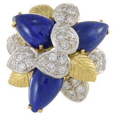 Vintage Era 18KT Yellow Gold Lapis Lazuli And Diamond Flower Ring