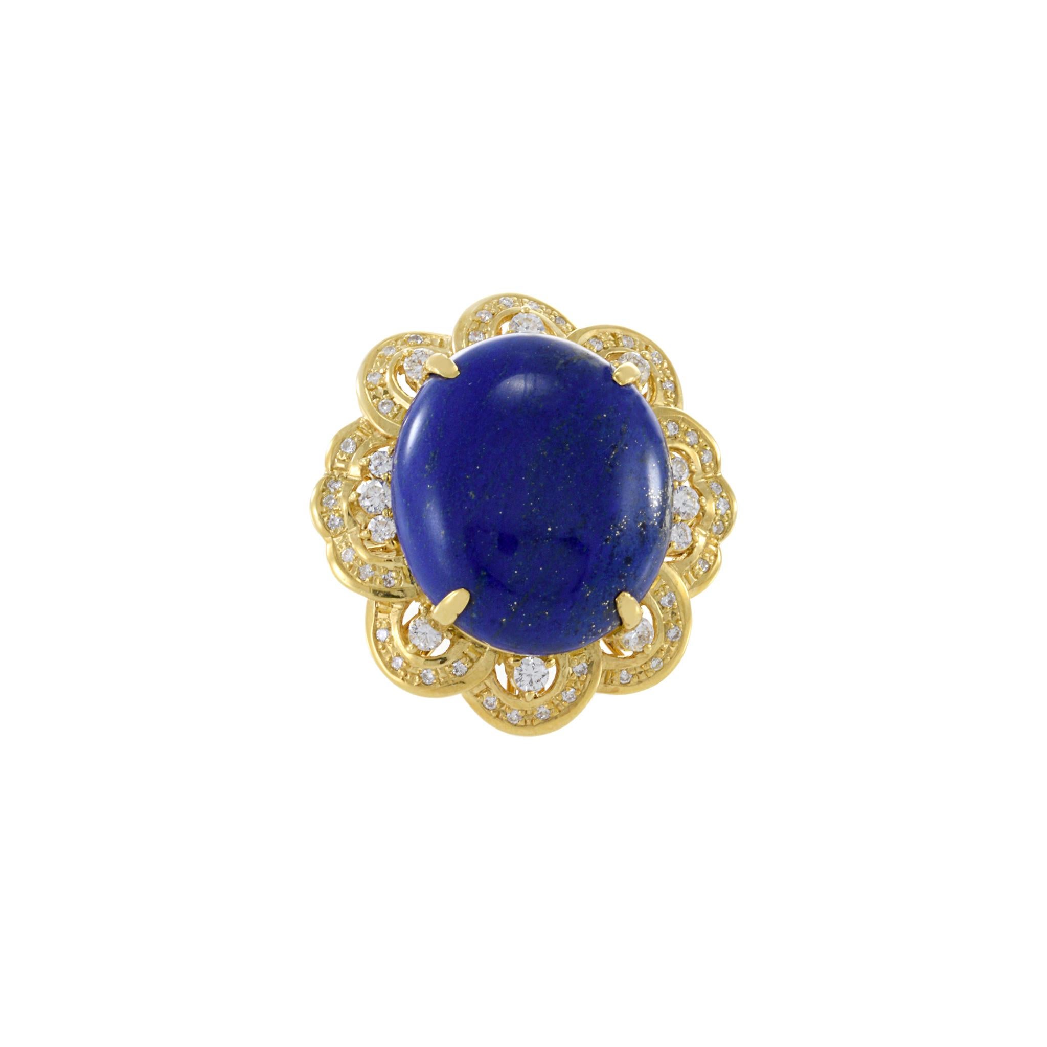 Cabochon Retro Era 18KT Yellow Gold Lapis Lazuli And Diamond Ring For Sale