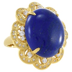 Vintage Era 18KT Yellow Gold Lapis Lazuli And Diamond Ring