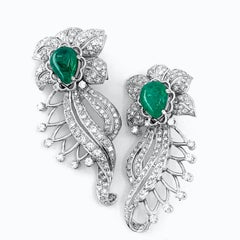 Retro Era 6 Carat Emerald and 2 Carat Diamond Flourish Post Earrings in Platinum