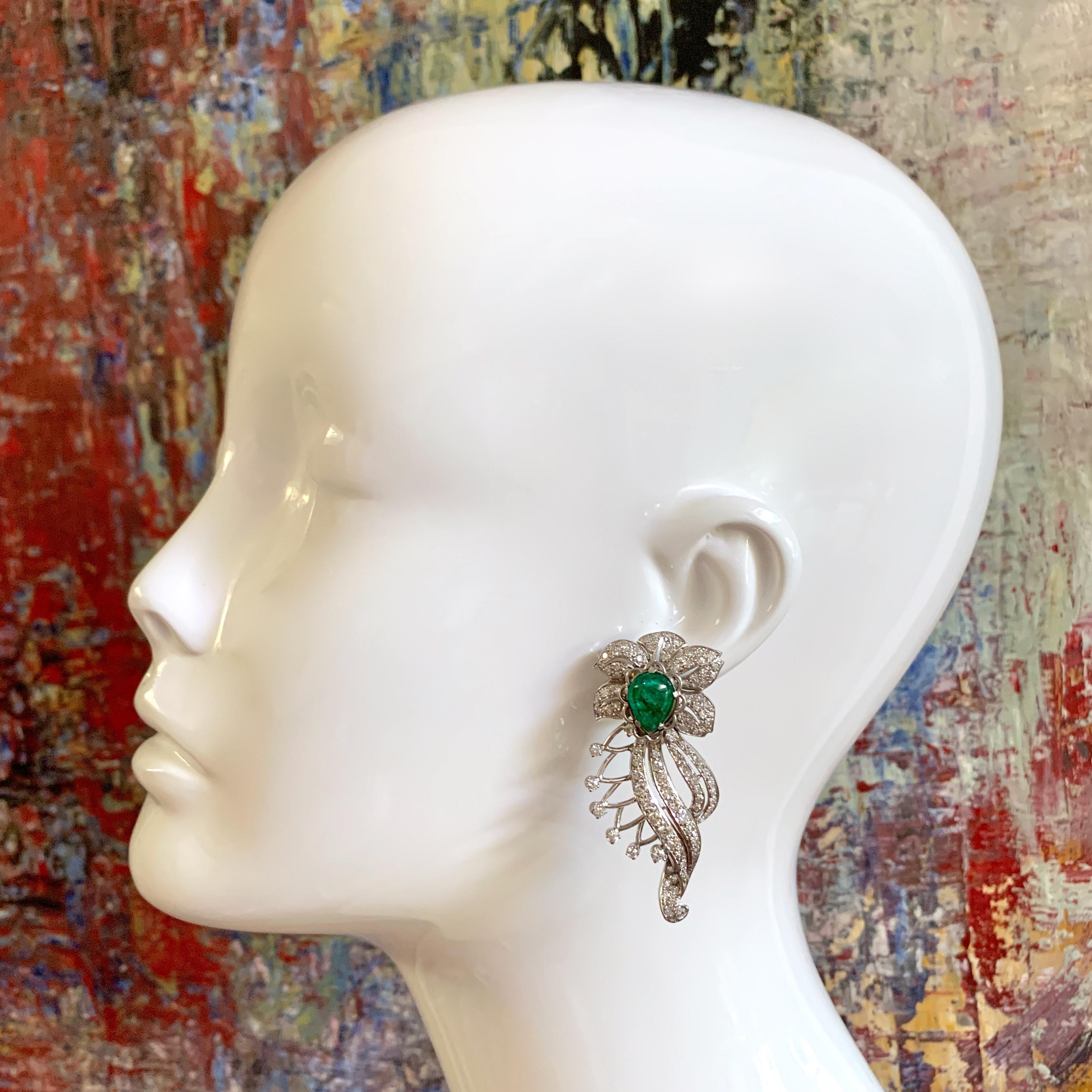 Cabochon Retro Era 6 Carat Emerald and 2 Carat Diamond Flourish Post Earrings in Platinum For Sale