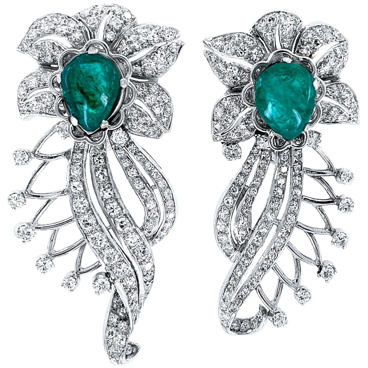 Retro Era 6 Carat Emerald and 2 Carat Diamond Flourish Post Earrings in Platinum For Sale
