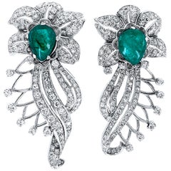 Antique Era 6 Carat Emerald and 2 Carat Diamond Flourish Post Earrings in Platinum