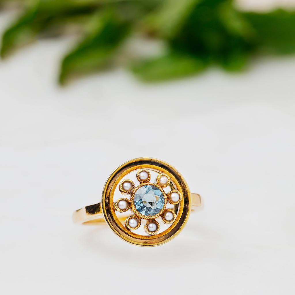 Retro Era Aquamarine and Seed Pearl Ring In Excellent Condition In Beverly Hills, CA