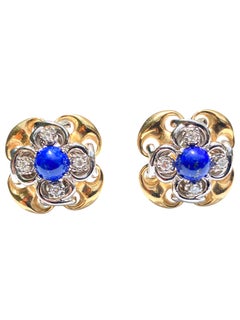 Retro-Era Cabochon Cut Lapis Lazuli and Diamond 14K Yellow Gold Cufflinks