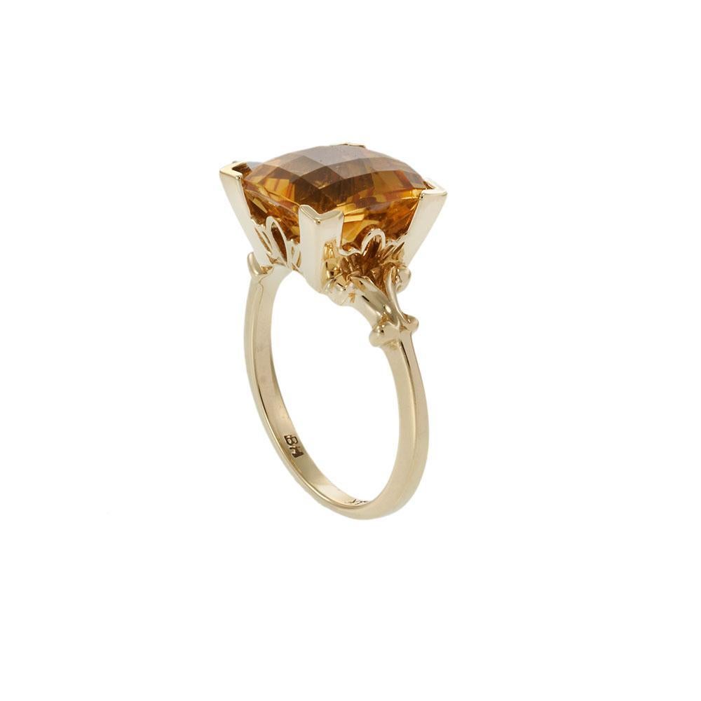 Cushion Cut Retro Era Citrine Ring in 14KT Yellow Gold For Sale