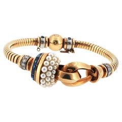 Bracciale francese in oro rosa 18 carati con perle e diamanti Ghiso, epoca retrò