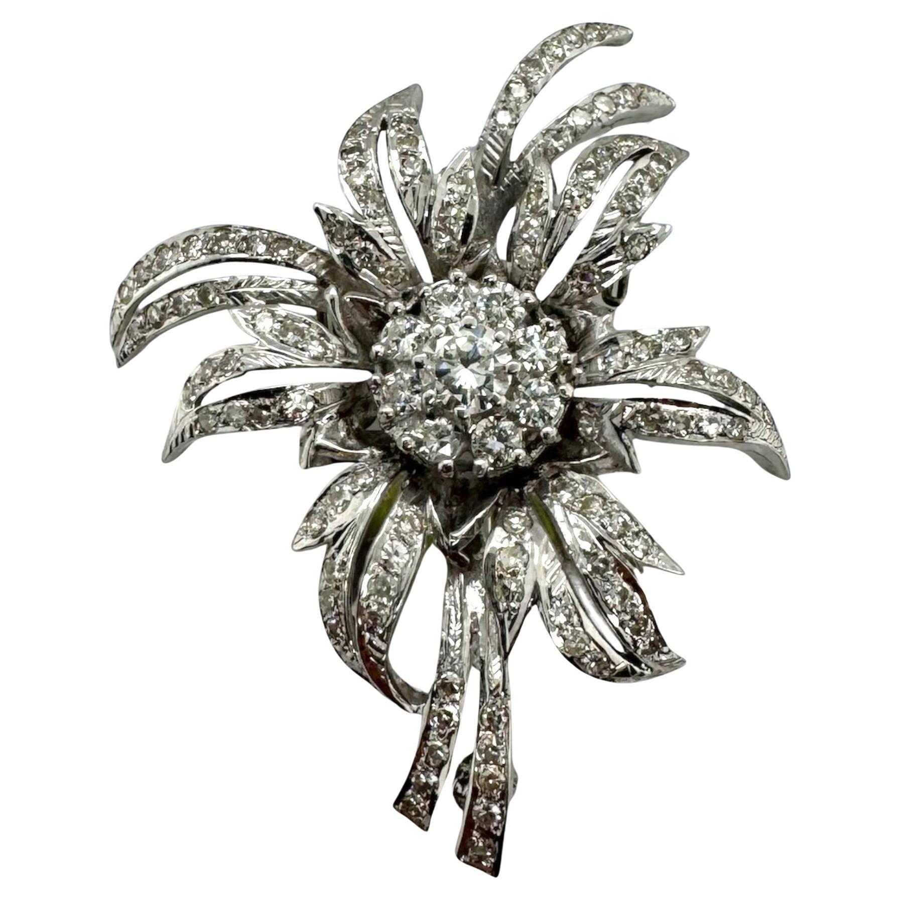 Retro Era Palm Tree Diamond Brooch 18K White Gold
