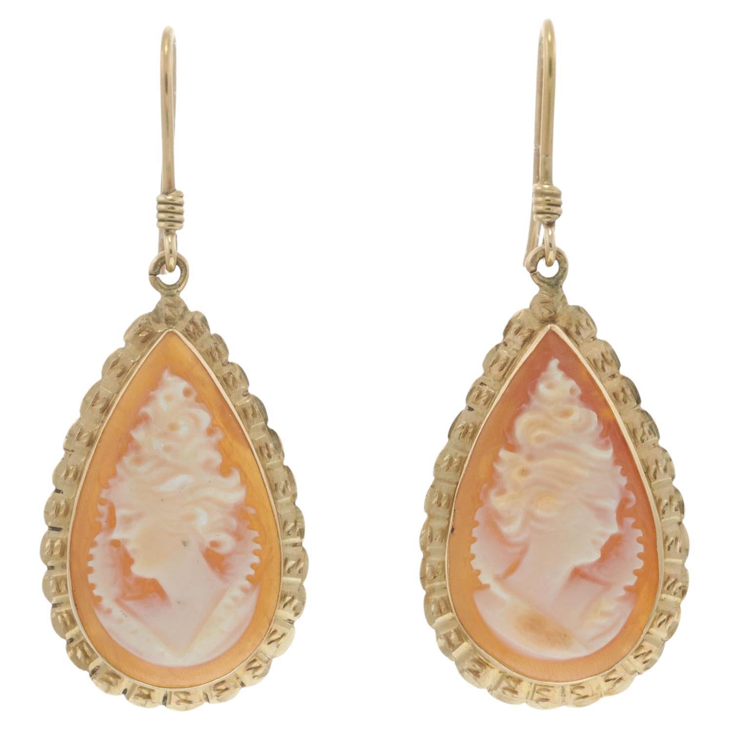 Retro Era Portrait Cameo Drop Earrings in 14KT Yellow Gold For Sale