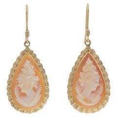Retro Era Portrait Cameo Drop Earrings in 14KT Yellow Gold