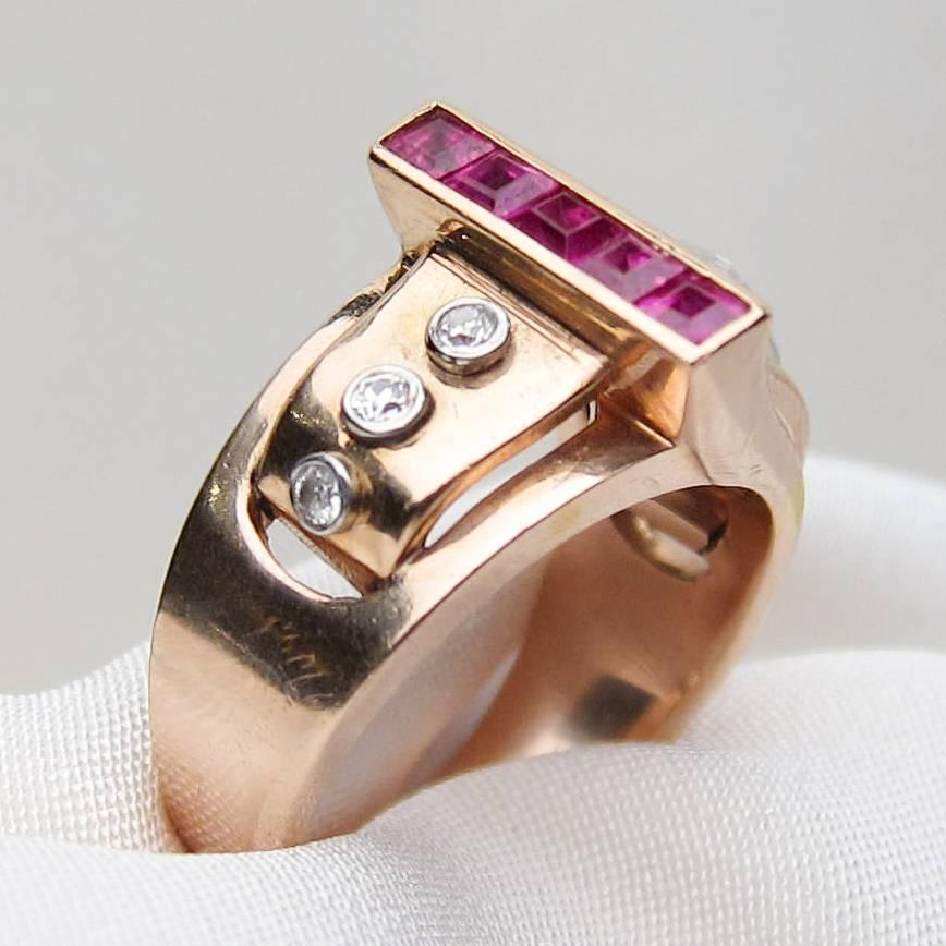 Old European Cut Retro Era Ruby and Diamond Handmade Buckle Cocktail Ring For Sale