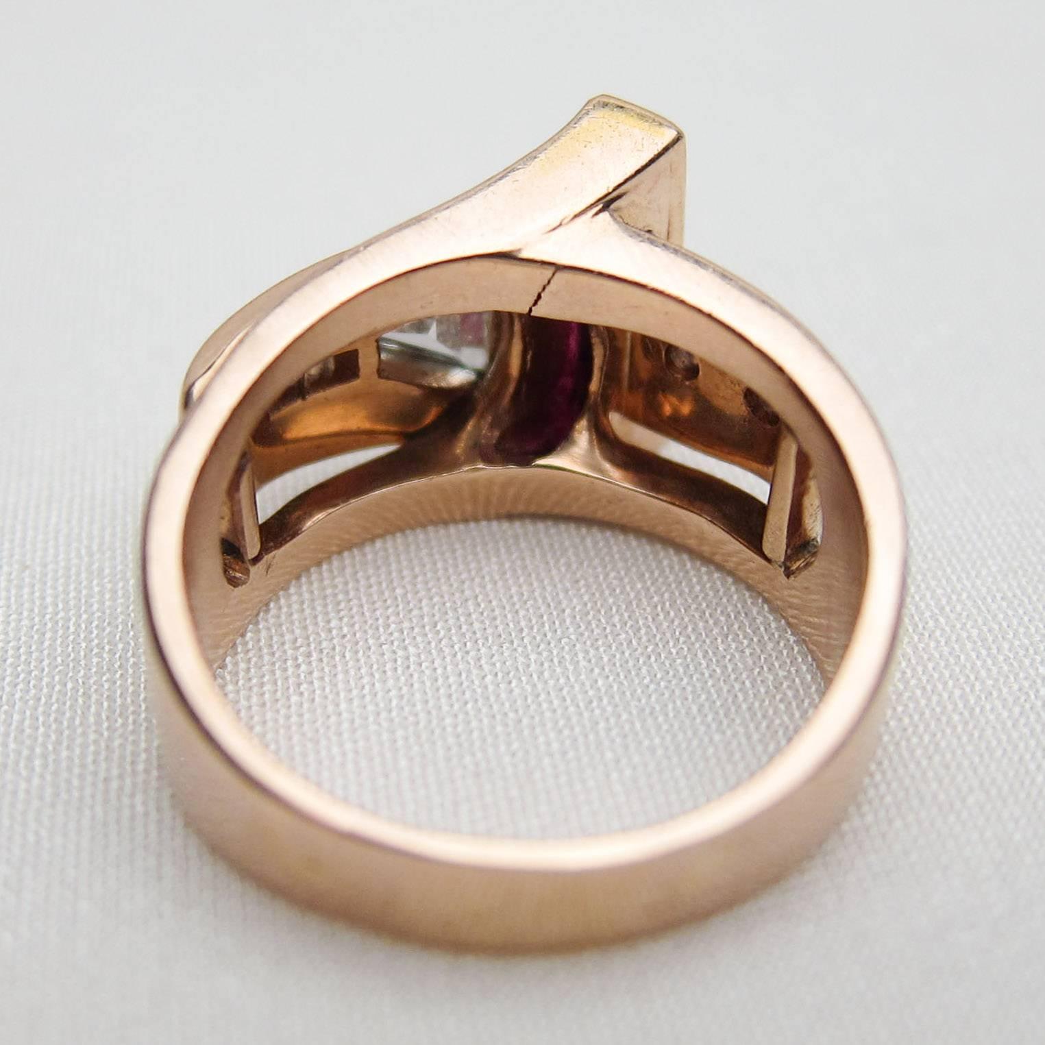 Retro Era Ruby and Diamond Handmade Buckle Cocktail Ring In Excellent Condition For Sale In Seattle, WA