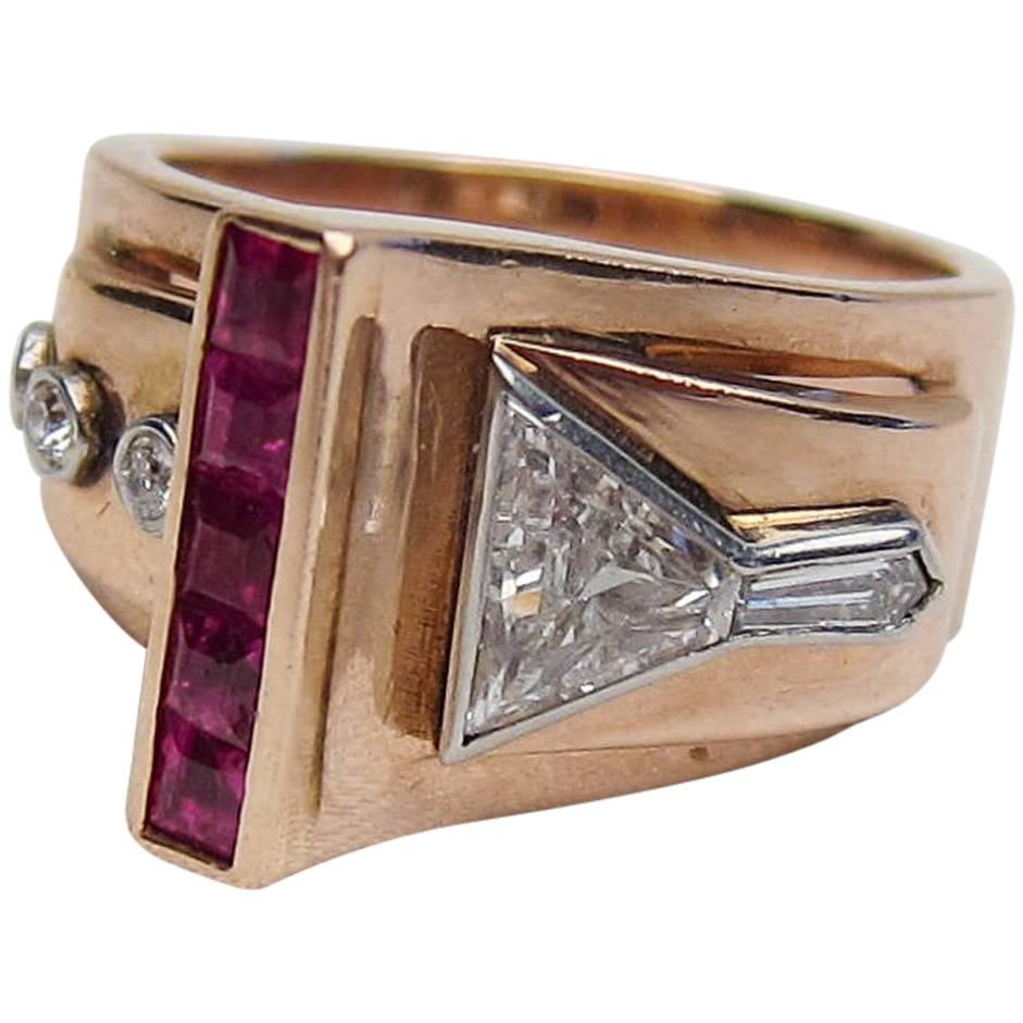 Retro Era Ruby and Diamond Handmade Buckle Cocktail Ring For Sale