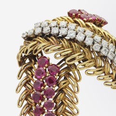Retro Era Ruby and Diamond Spray Brooch in 18 Karat Gold