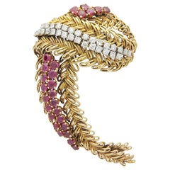 Retro-Ära Rubin- und Diamant-sprühbrosche aus 18 Karat Gold