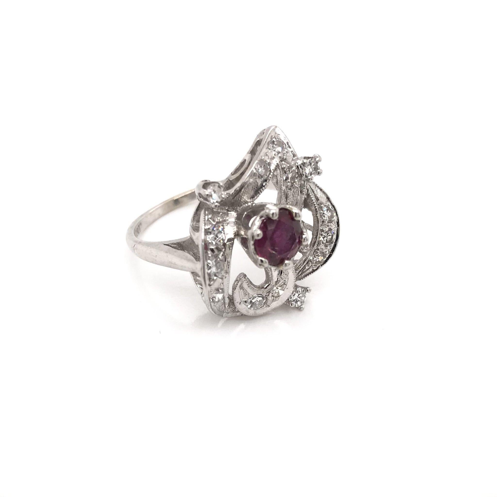 Retro Era Ruby & Diamond Cocktail Ring 14K White Gold 2