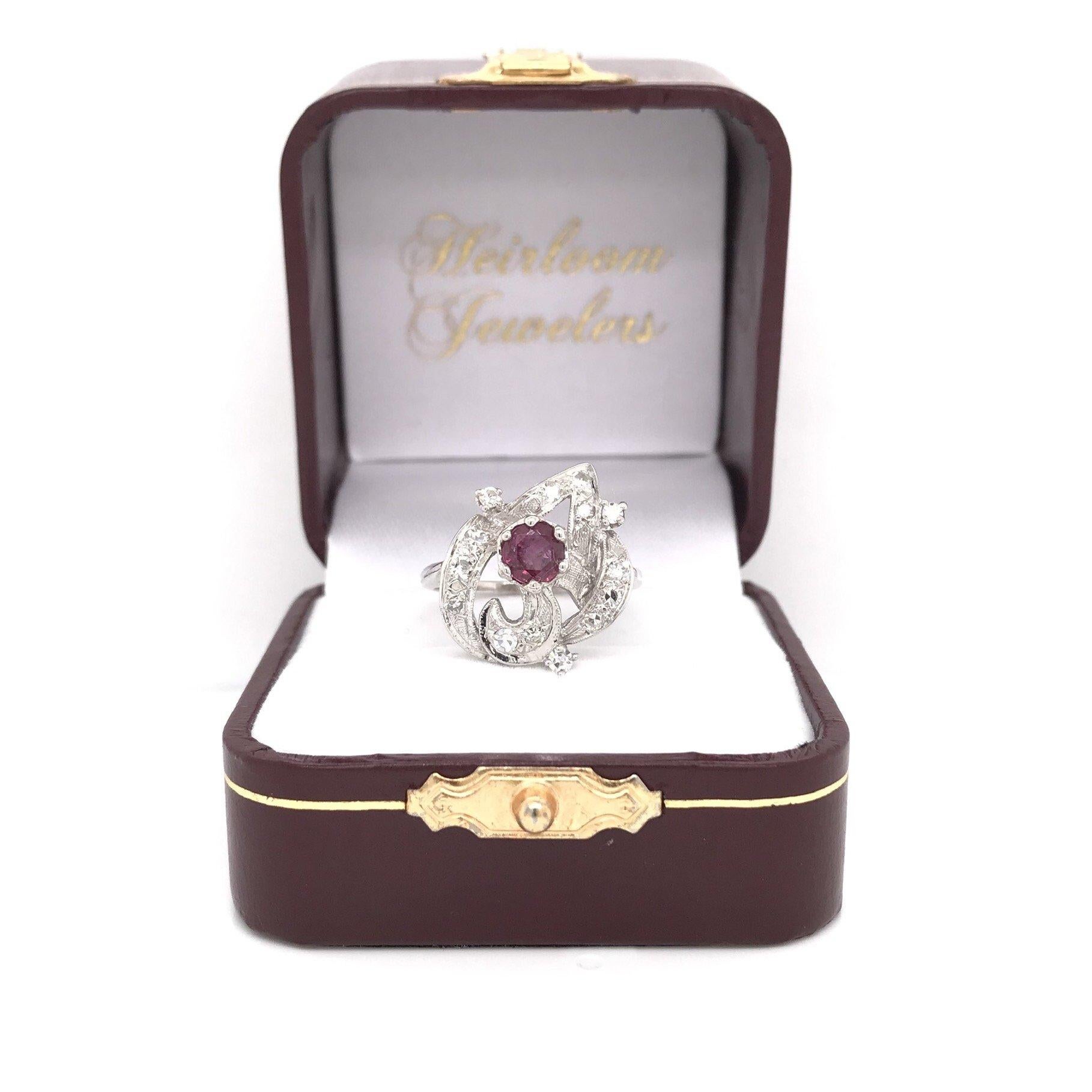 Women's Retro Era Ruby & Diamond Cocktail Ring 14K White Gold