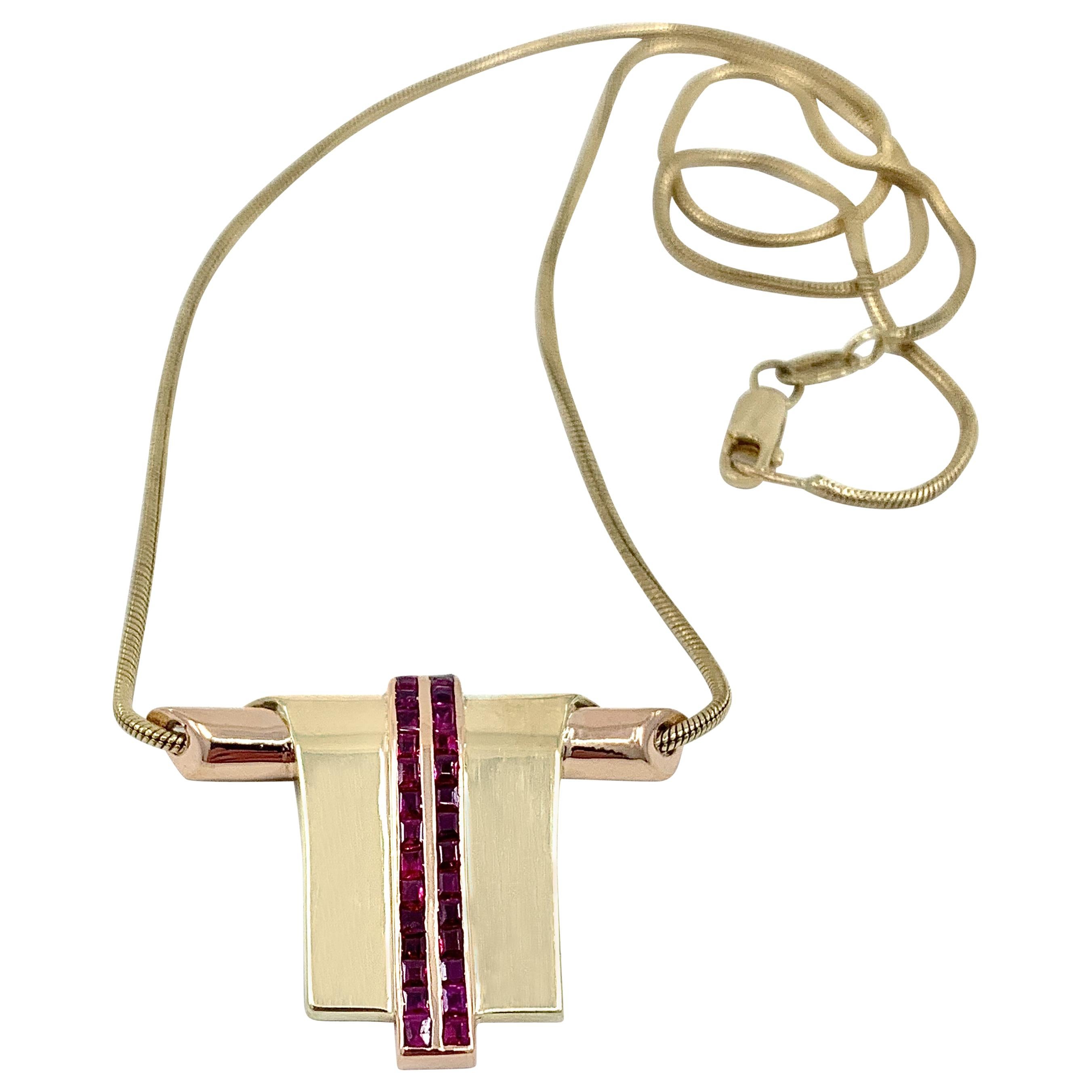 Retro Era Ruby "Scroll" Pendant Necklace in 18 Karat Yellow and Rose Gold