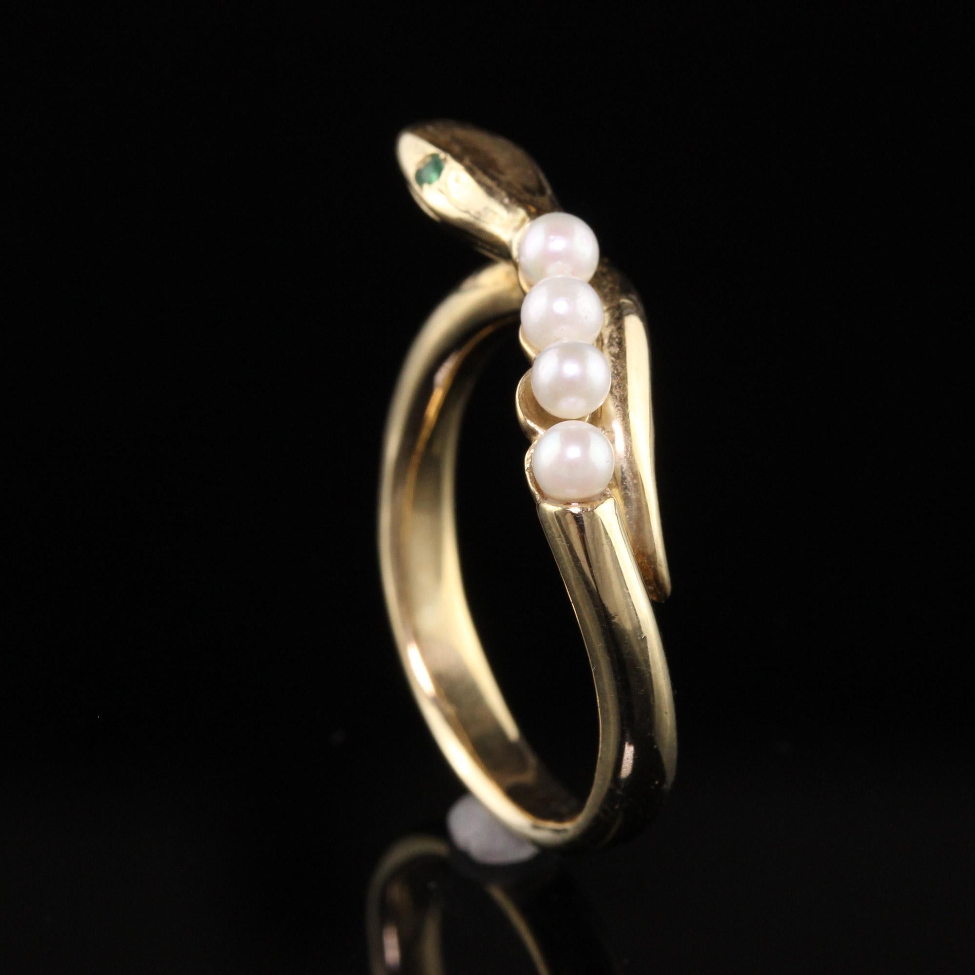 Retro Estate 14K Yellow Gold Pearl and Emerald Snake Ring For Sale 1