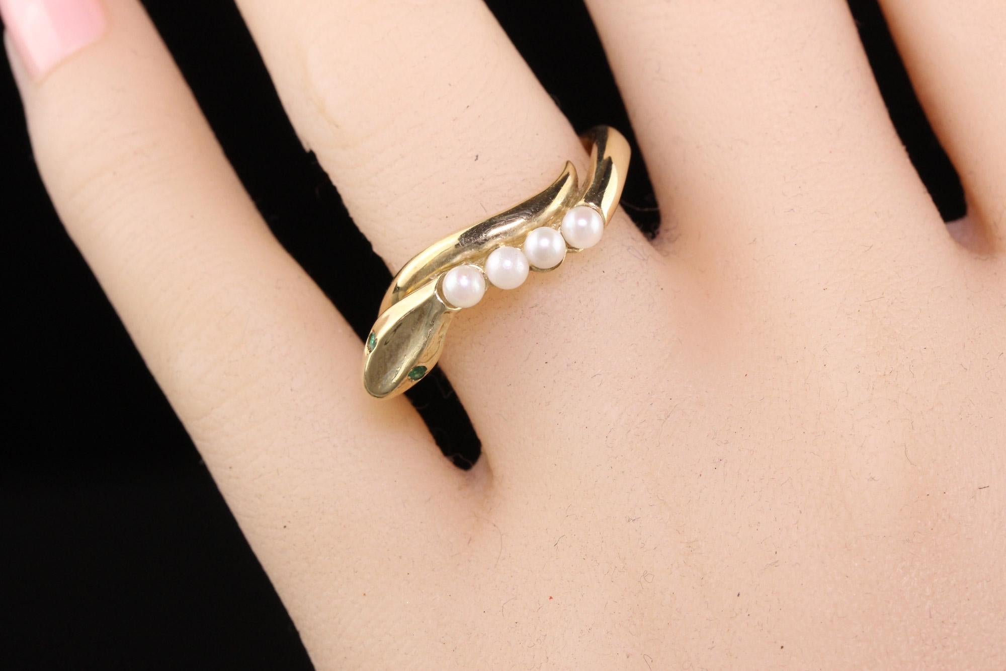 Retro Estate 14K Yellow Gold Pearl and Emerald Snake Ring For Sale 2