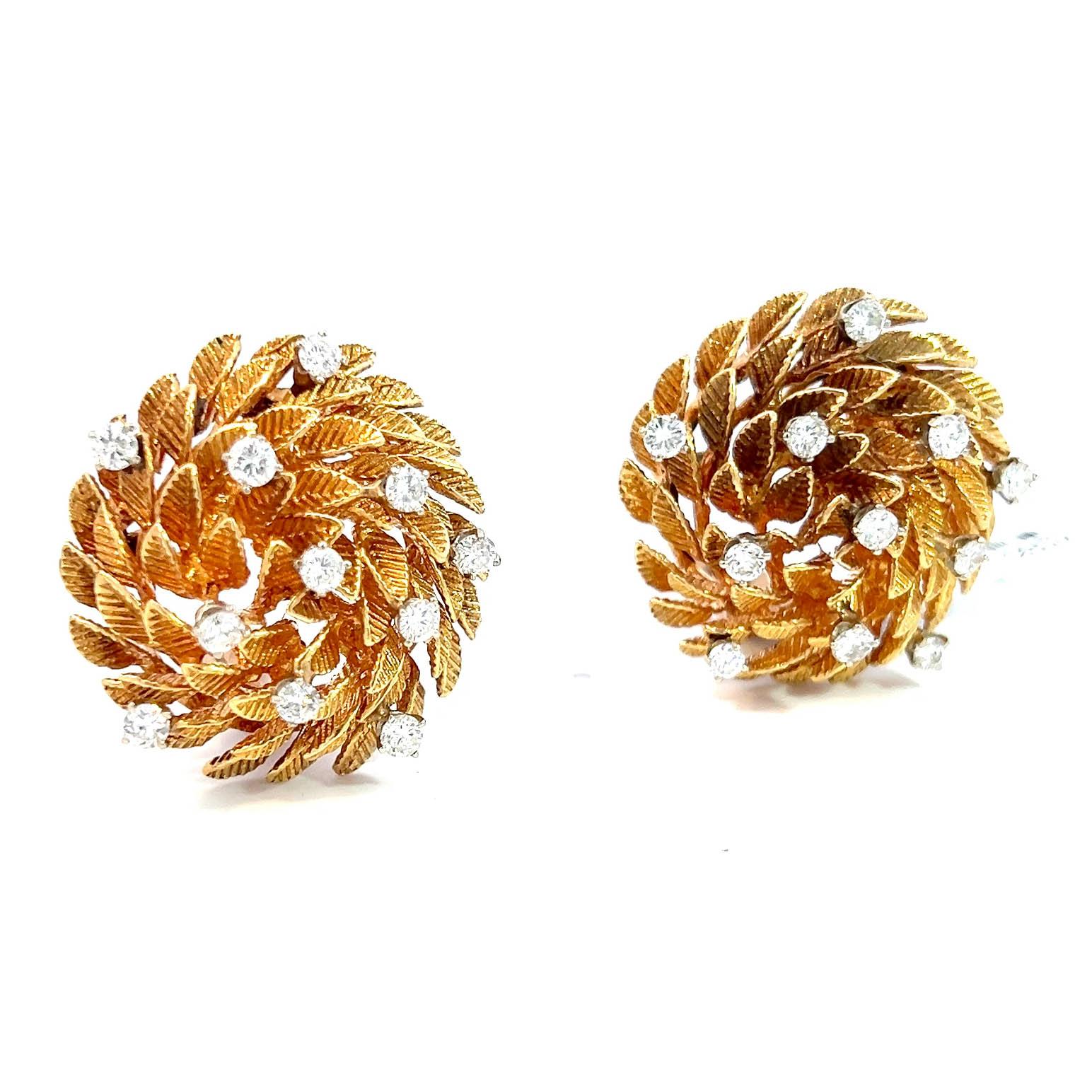 Retro Estate 14k rose gold and diamond clip-on lever back stud earrings. Showcasing a perfect blend of timeless style and exquisite craftsmanship, these vintage earrings feature hand-etched gold leaf accents paired with a stunning swirl floral