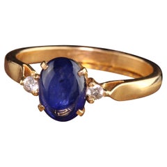 Anello Retro Estate in oro giallo 18K con zaffiro cabochon e diamante