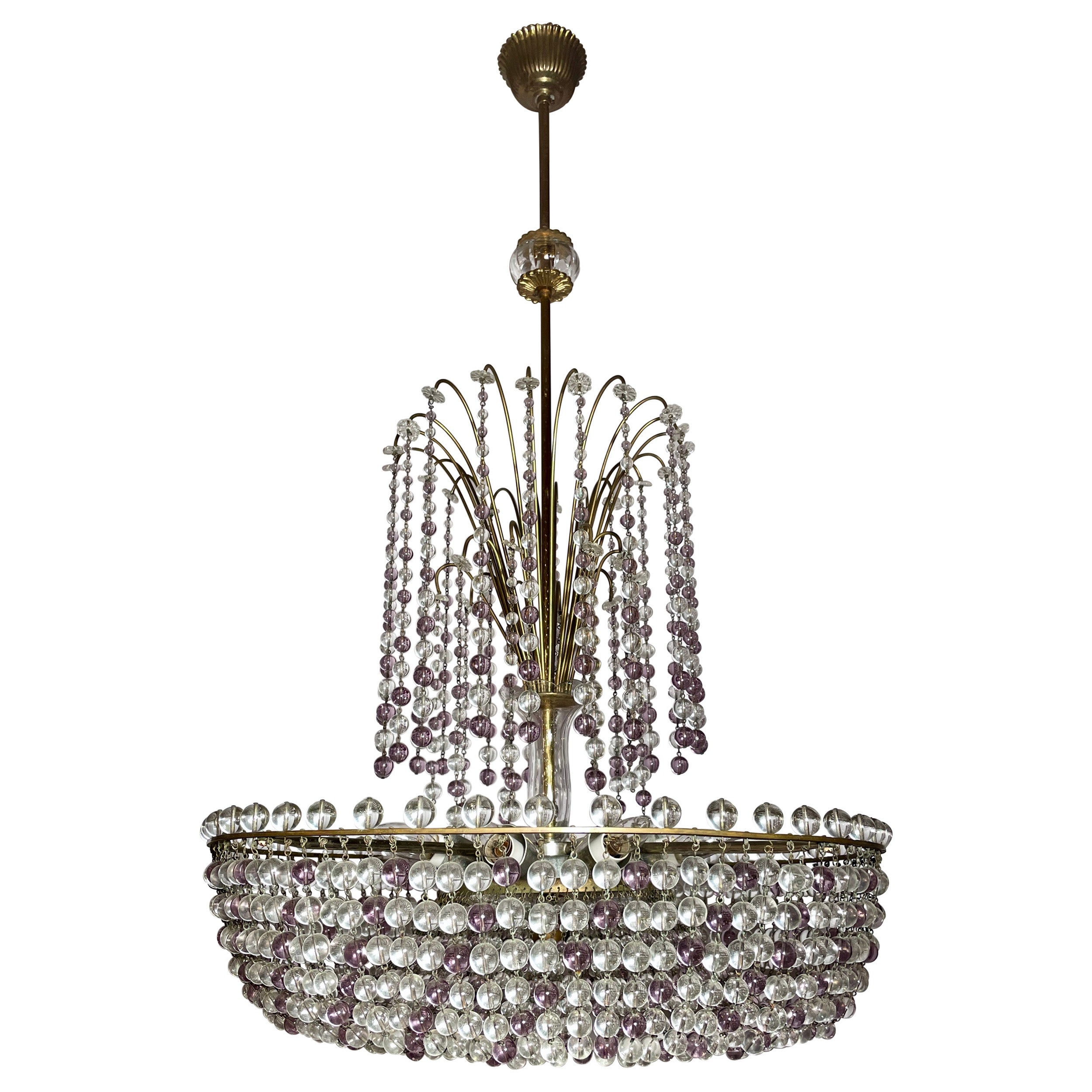 Lampadario retrò di proprietà con ametista e perline di cristallo, circa anni '50