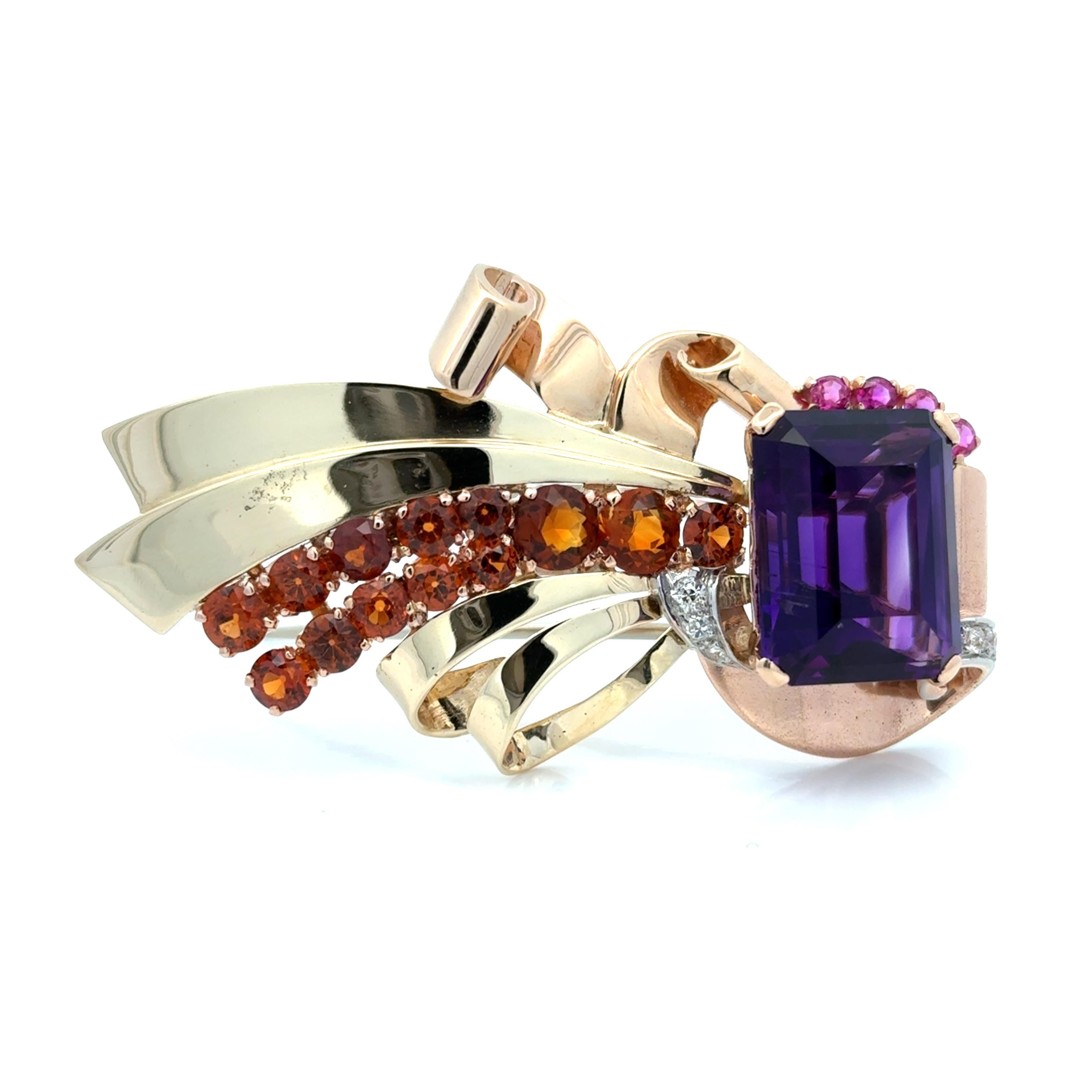 Mixed Cut Retro Estate Amethyst, Garnet, Pink Sapphire and Diamond 14K Brooch For Sale