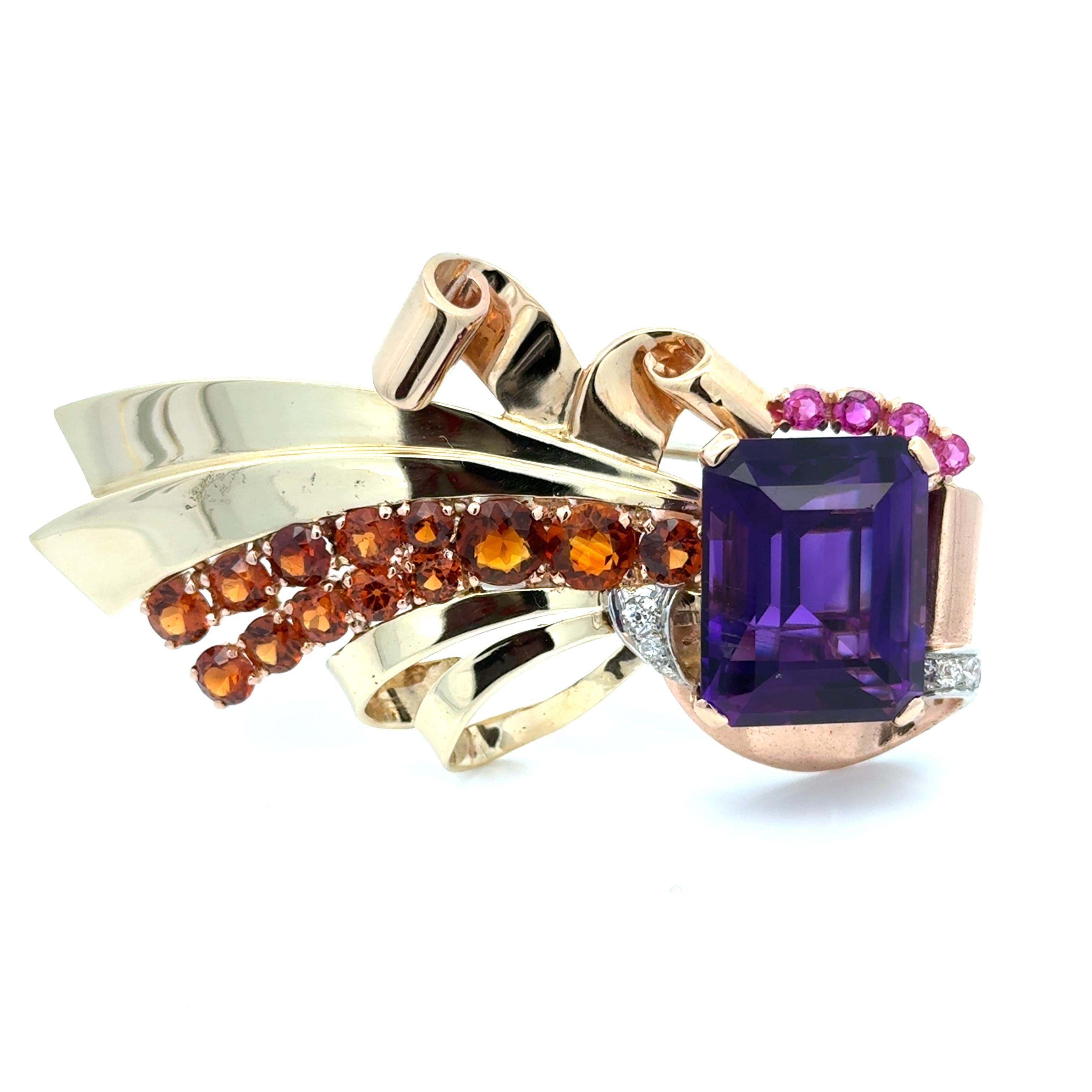 Retro Estate Amethyst, Garnet, Pink Sapphire and Diamond 14K Brooch In Good Condition For Sale In Derby, NY