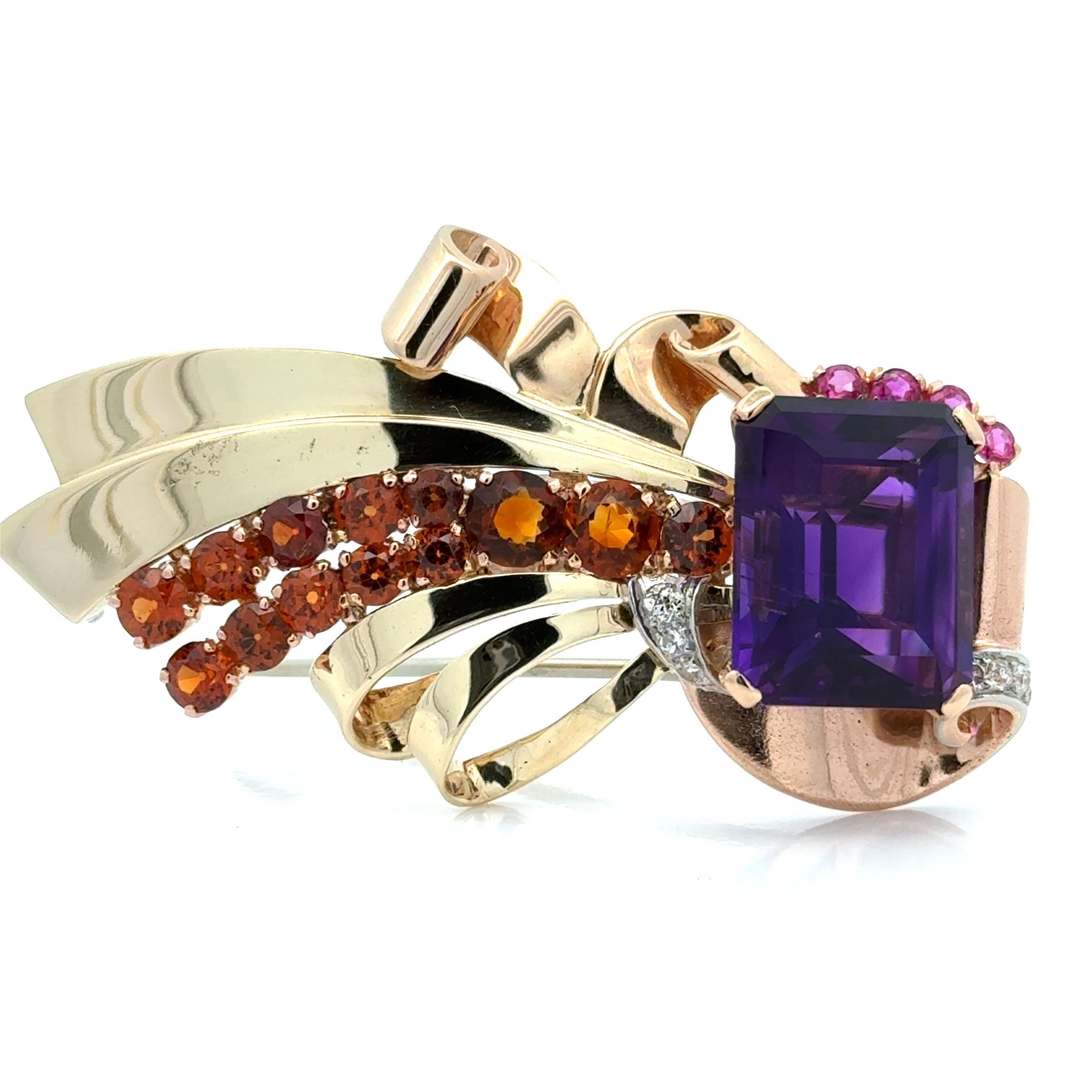 Women's or Men's Retro Estate Amethyst, Garnet, Pink Sapphire and Diamond 14K Brooch For Sale