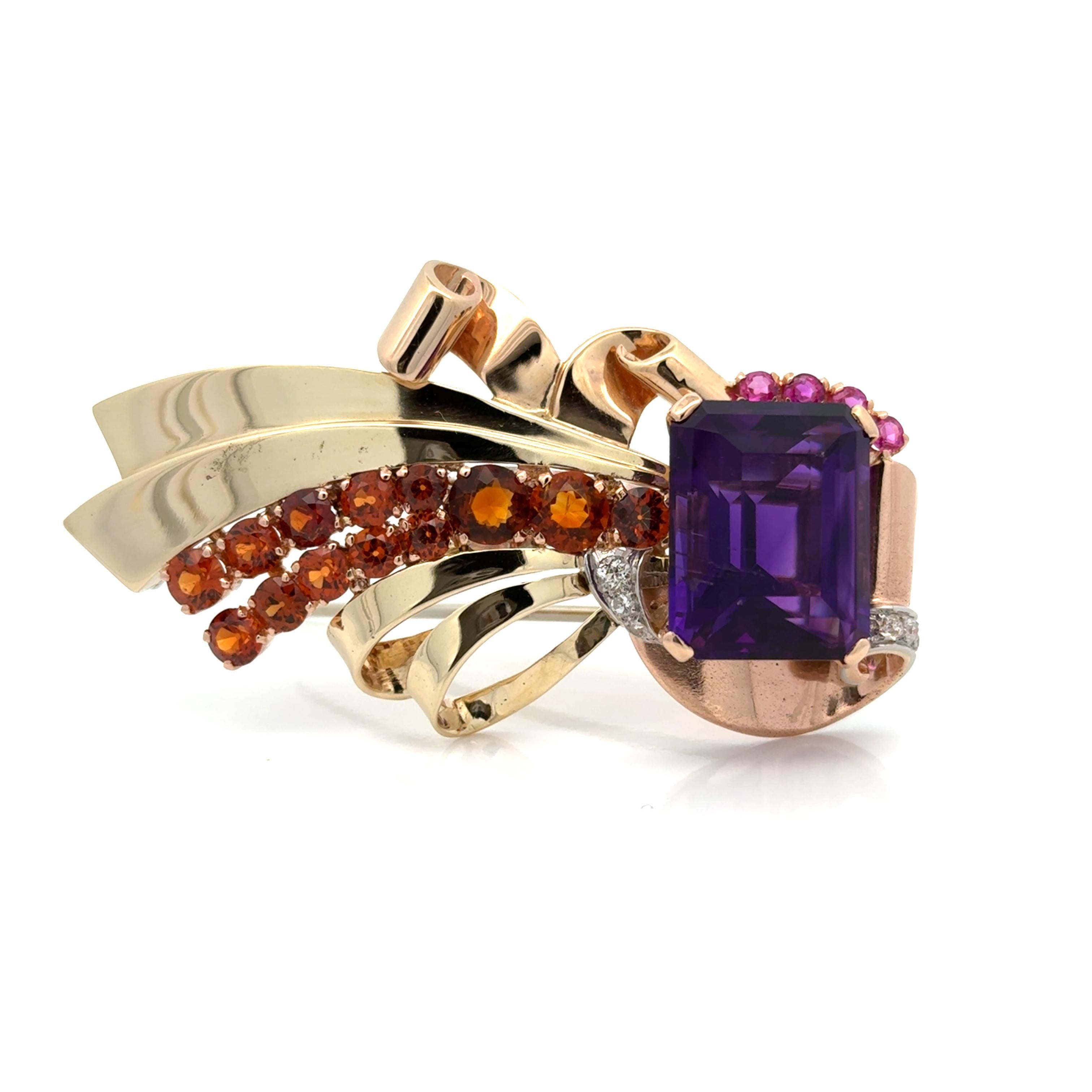 Retro Estate Amethyst, Garnet, Pink Sapphire and Diamond 14K Brooch For Sale 1