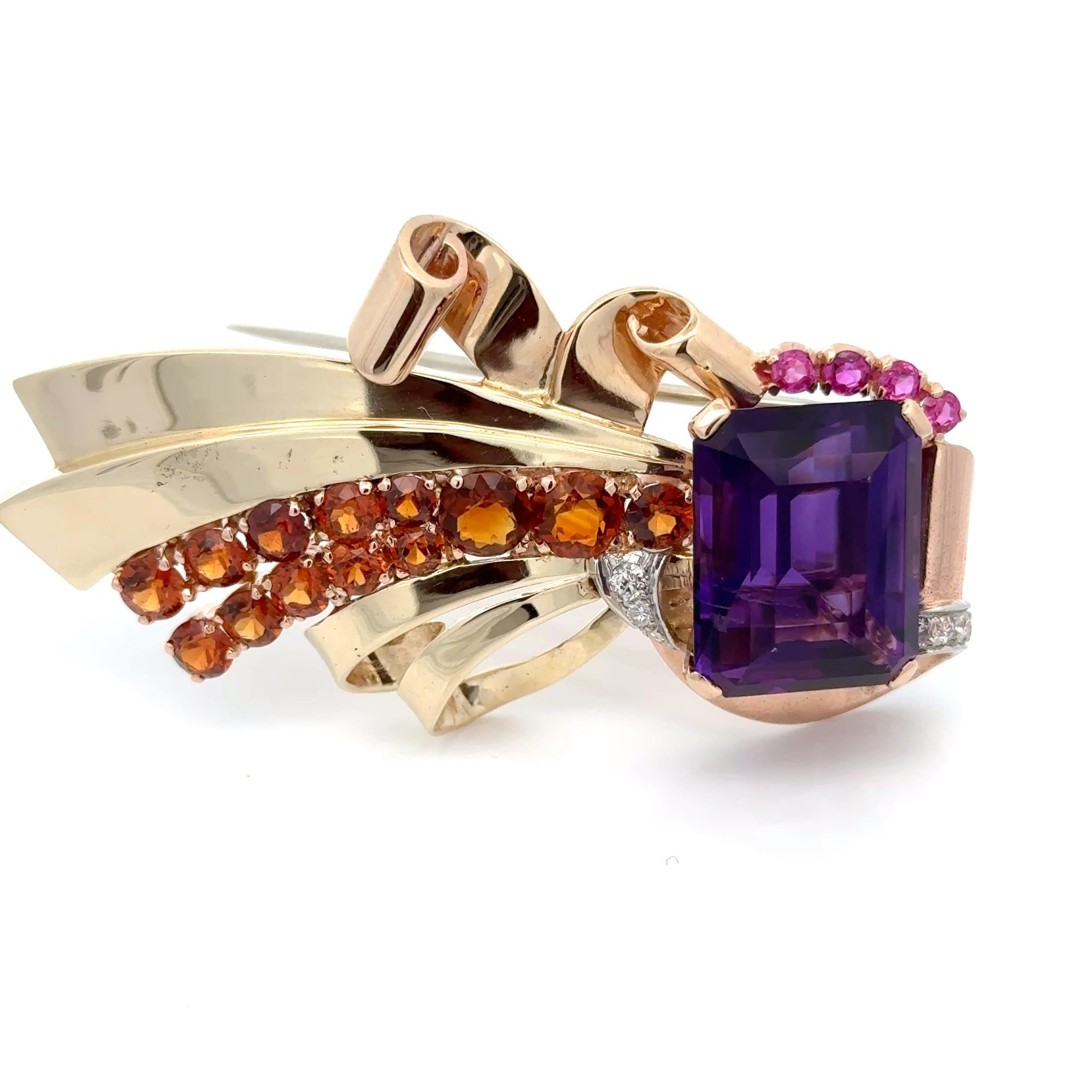 Retro Estate Amethyst, Garnet, Pink Sapphire and Diamond 14K Brooch For Sale 2