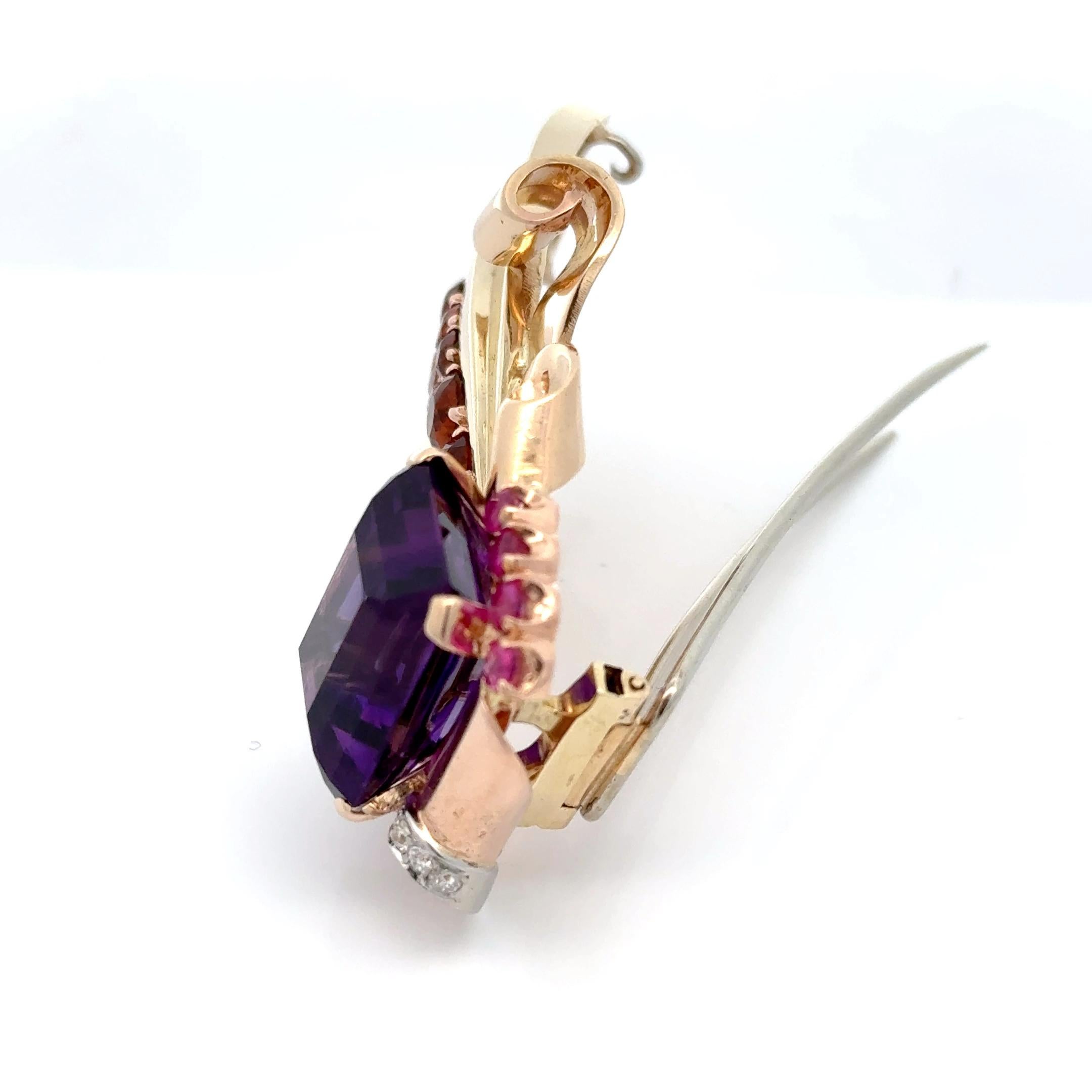 Retro Estate Amethyst, Garnet, Pink Sapphire and Diamond 14K Brooch For Sale 3