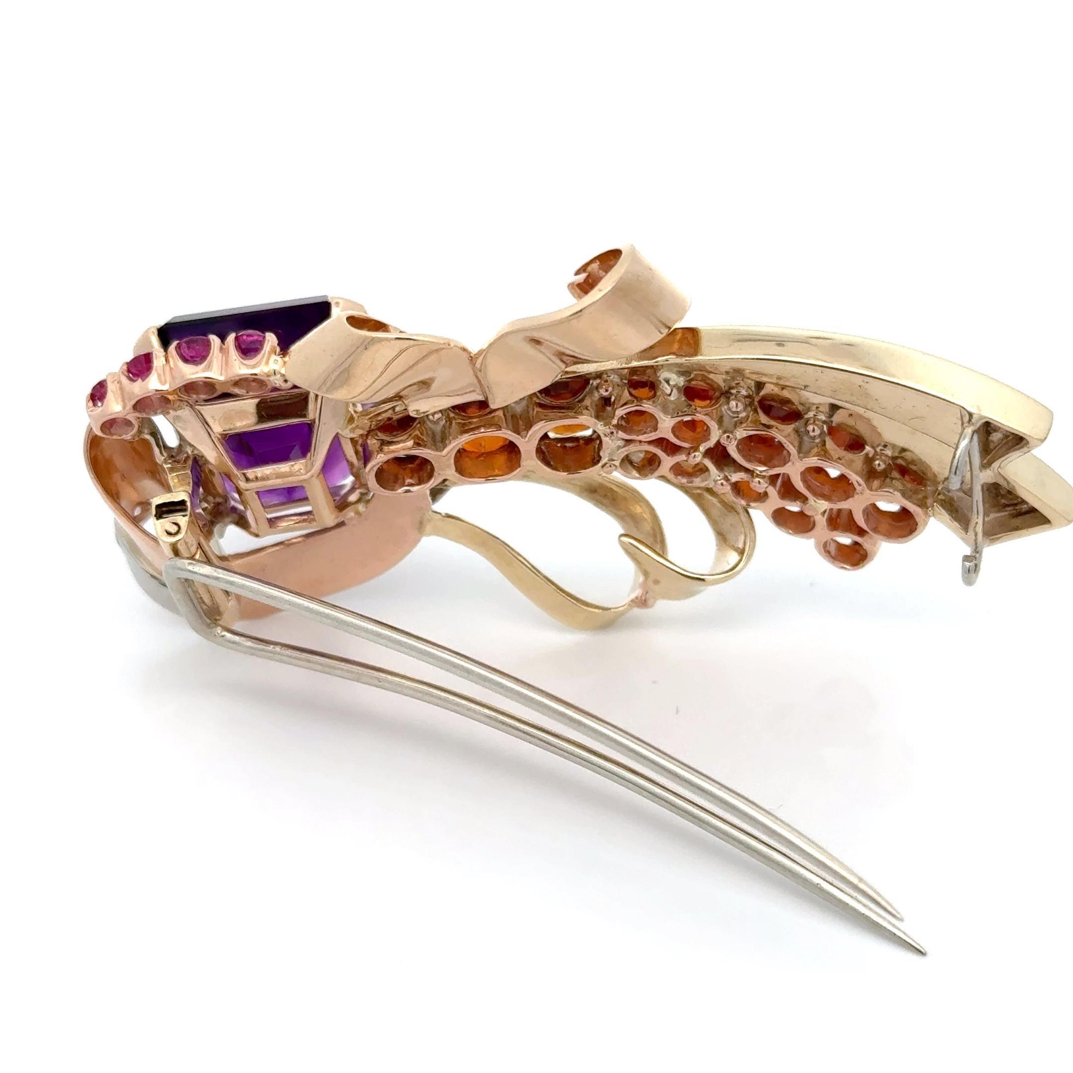 Retro Estate Amethyst, Garnet, Pink Sapphire and Diamond 14K Brooch For Sale 4