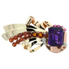 Retro Estate Amethyst, Garnet, Pink Sapphire and Diamond 14K Brooch