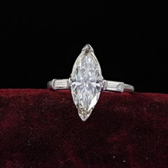 Retro Estate Platinum Old Cut Marquise Diamond Scalloped Engagement Ring - GIA