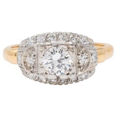 Retro European Diamond 18K Yellow Gold Platinum Vintage Fishtail Engagement Ring
