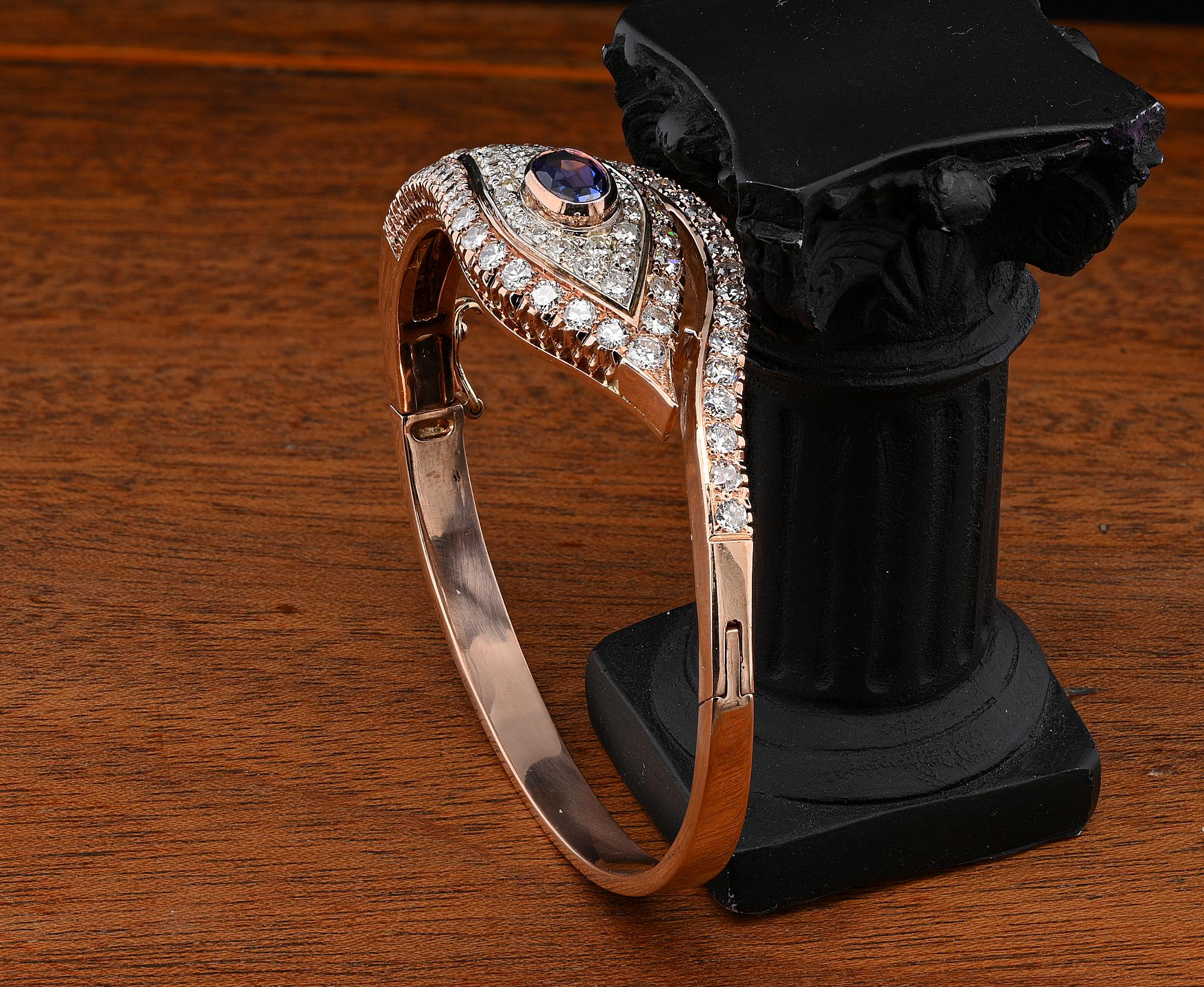 Retro Evil Eye 1.10 Ct Verneuil Sapphire 4.90 Ct Diamond Rare Bangle  9 KT gold For Sale 2