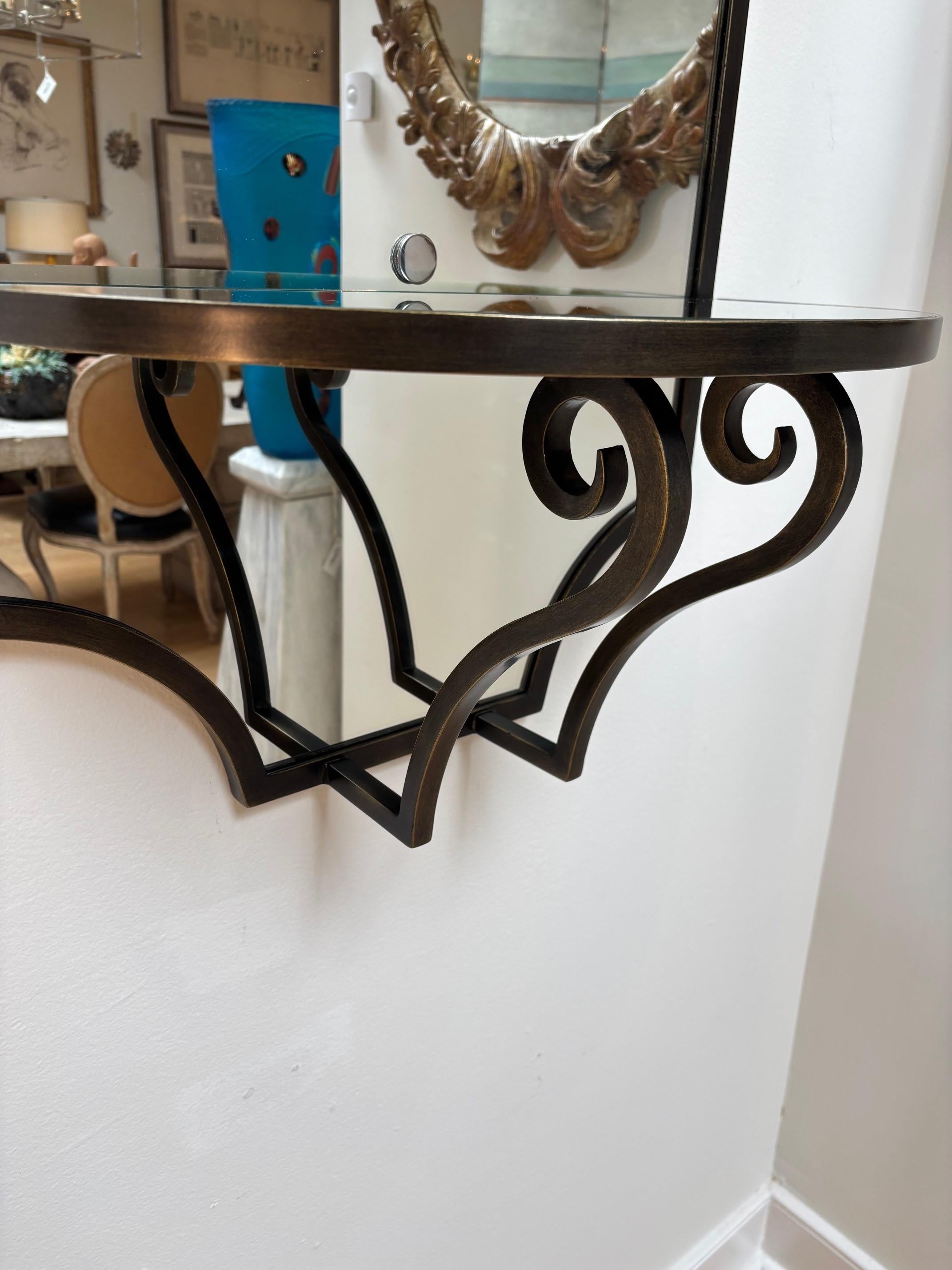 Retro Rare Exquisitely Made Iron Mirror with Demi-Lune Console Wall Mirror, Patinated in Dark Bronze, Cleat Hanging Devise Back of the Mirror.   ***Pair in Stock Available***
