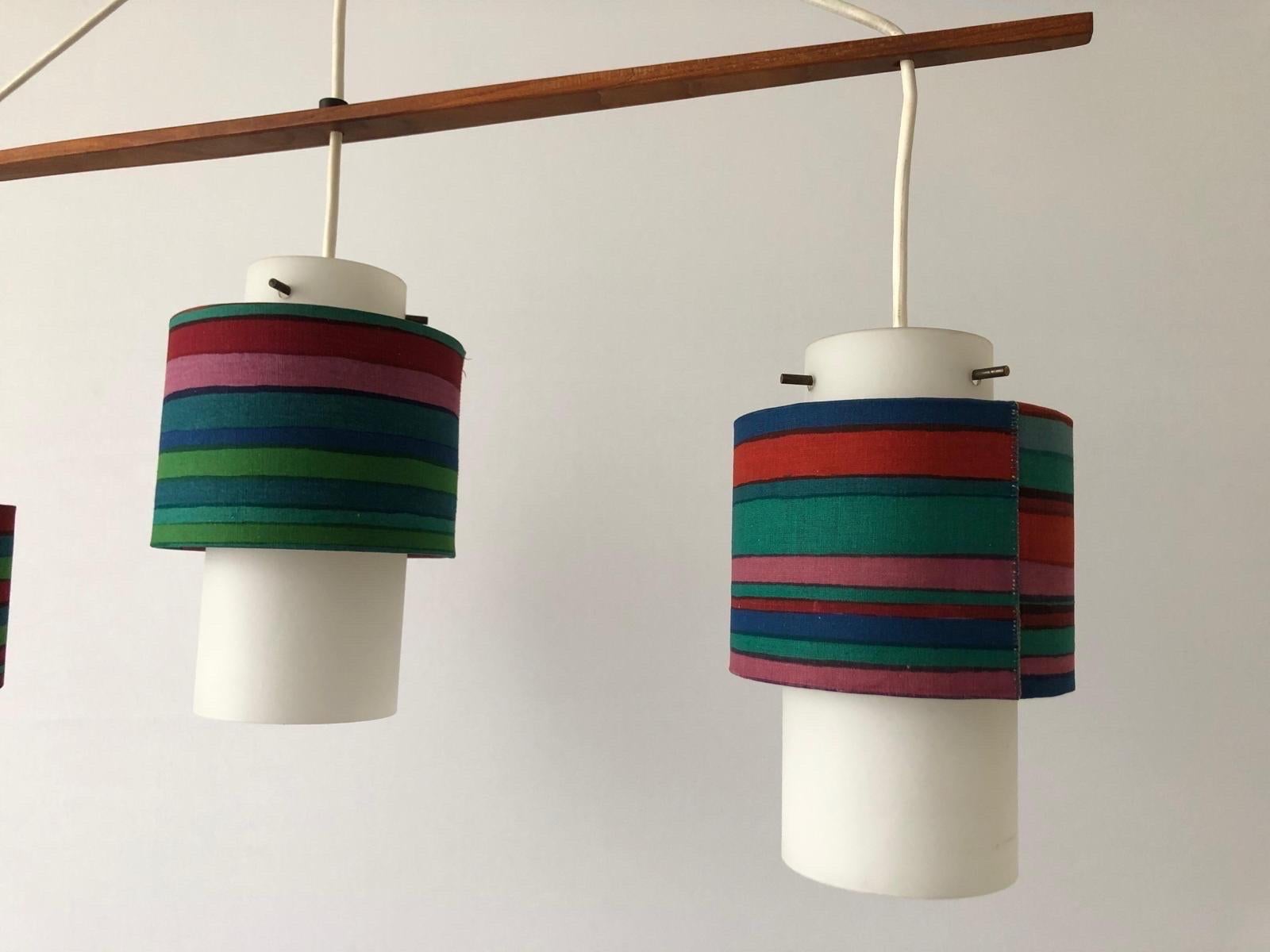 Mid-20th Century Retro Fabric Shade & Glass Triple Pendant Lamp, 1960s, Germany For Sale