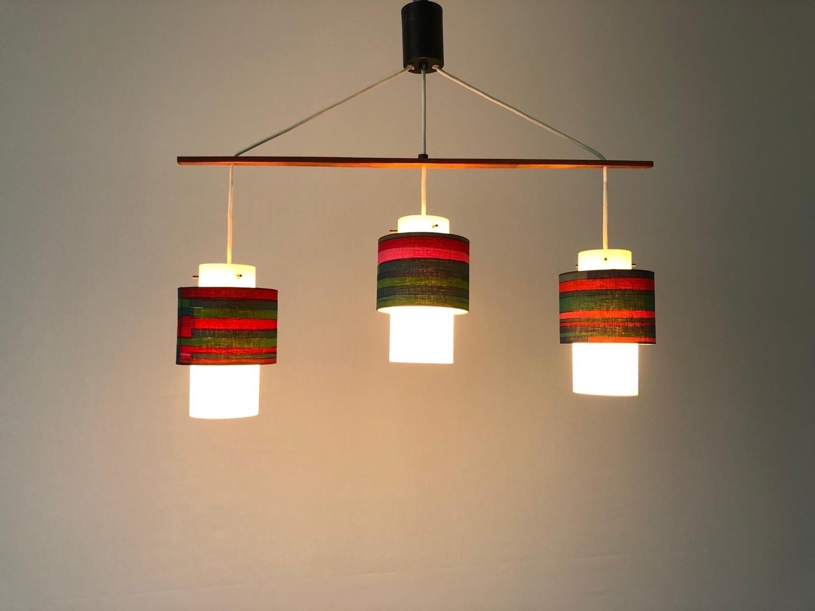 Wood Retro Fabric Shade & Glass Triple Pendant Lamp, 1960s, Germany For Sale
