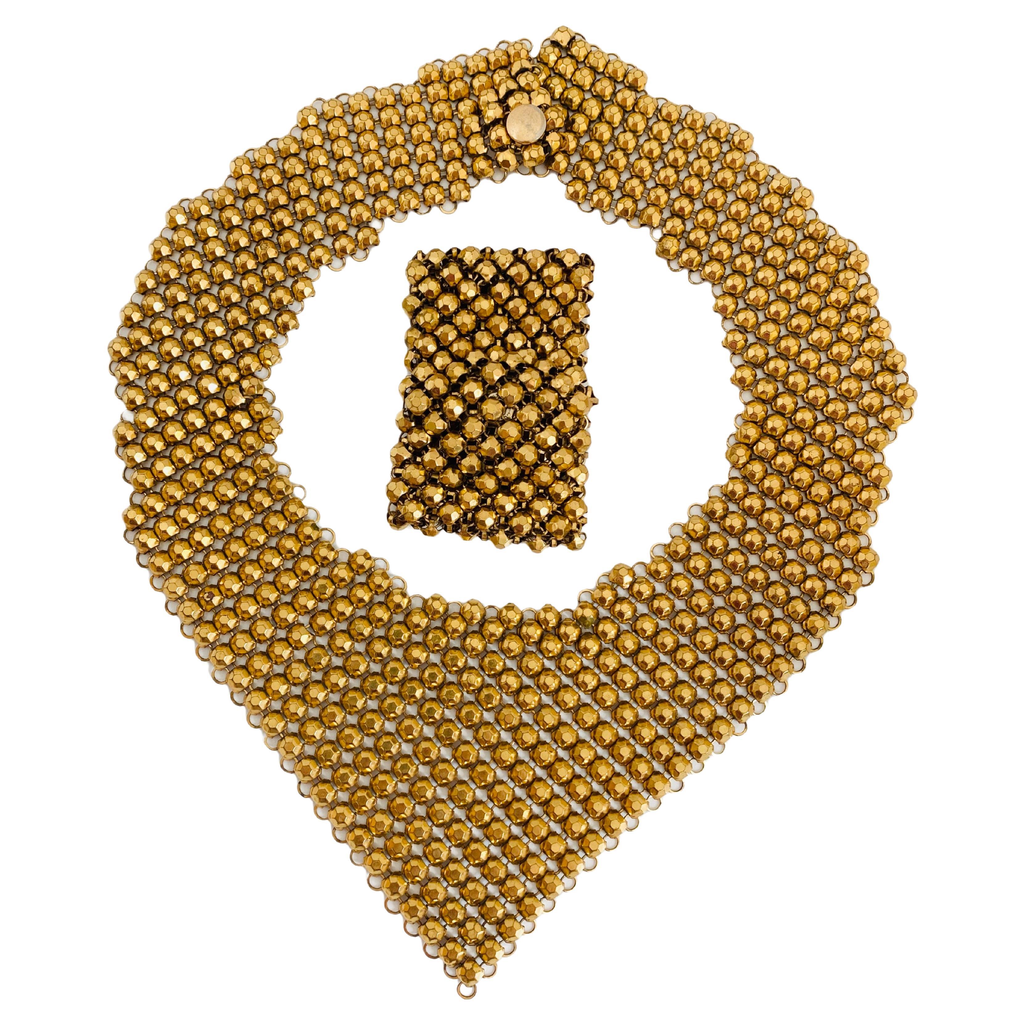 Retro Faceted Beads Gold Mesh Bib Choker Necklace & Bracelet Set For Sale 1