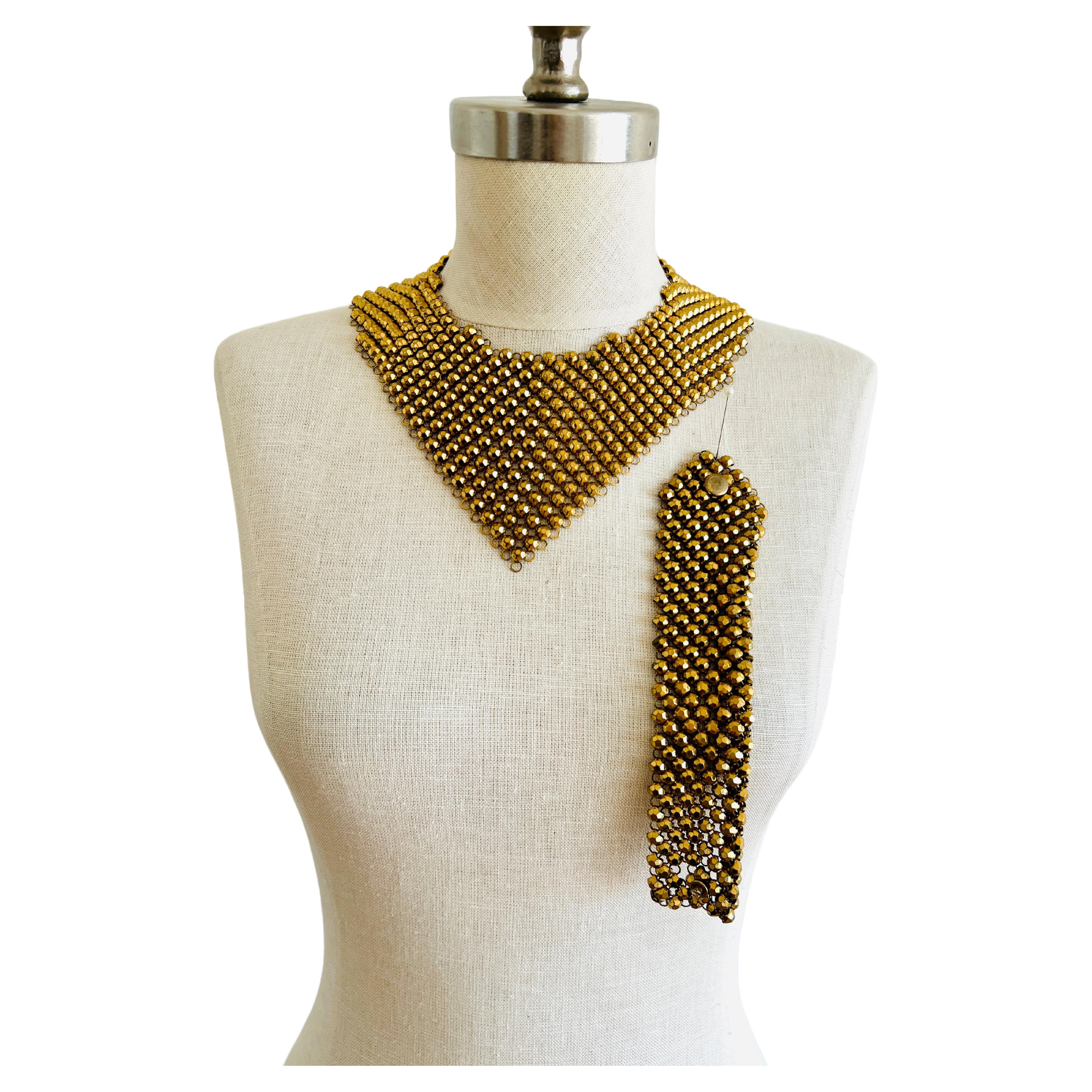 Retro Faceted Beads Gold Mesh Bib Choker Necklace & Bracelet Set For Sale