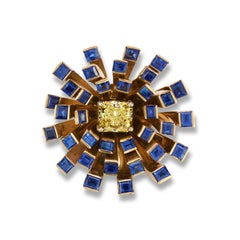 Retro Fancy Yellow Diamond & Sapphire Flower Brooch