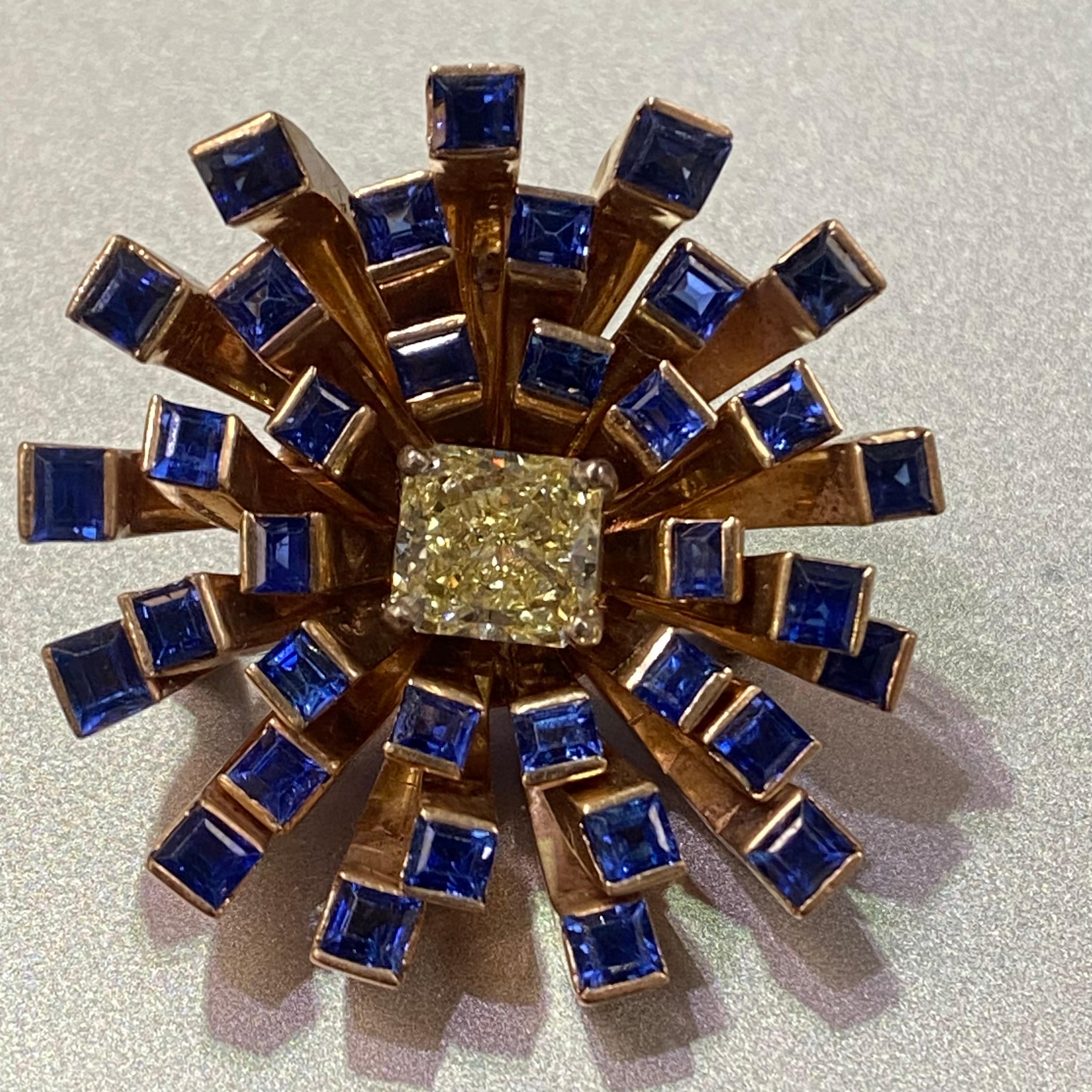 Broche rétro fantaisie fleur en diamant jaune et saphir en vente 2