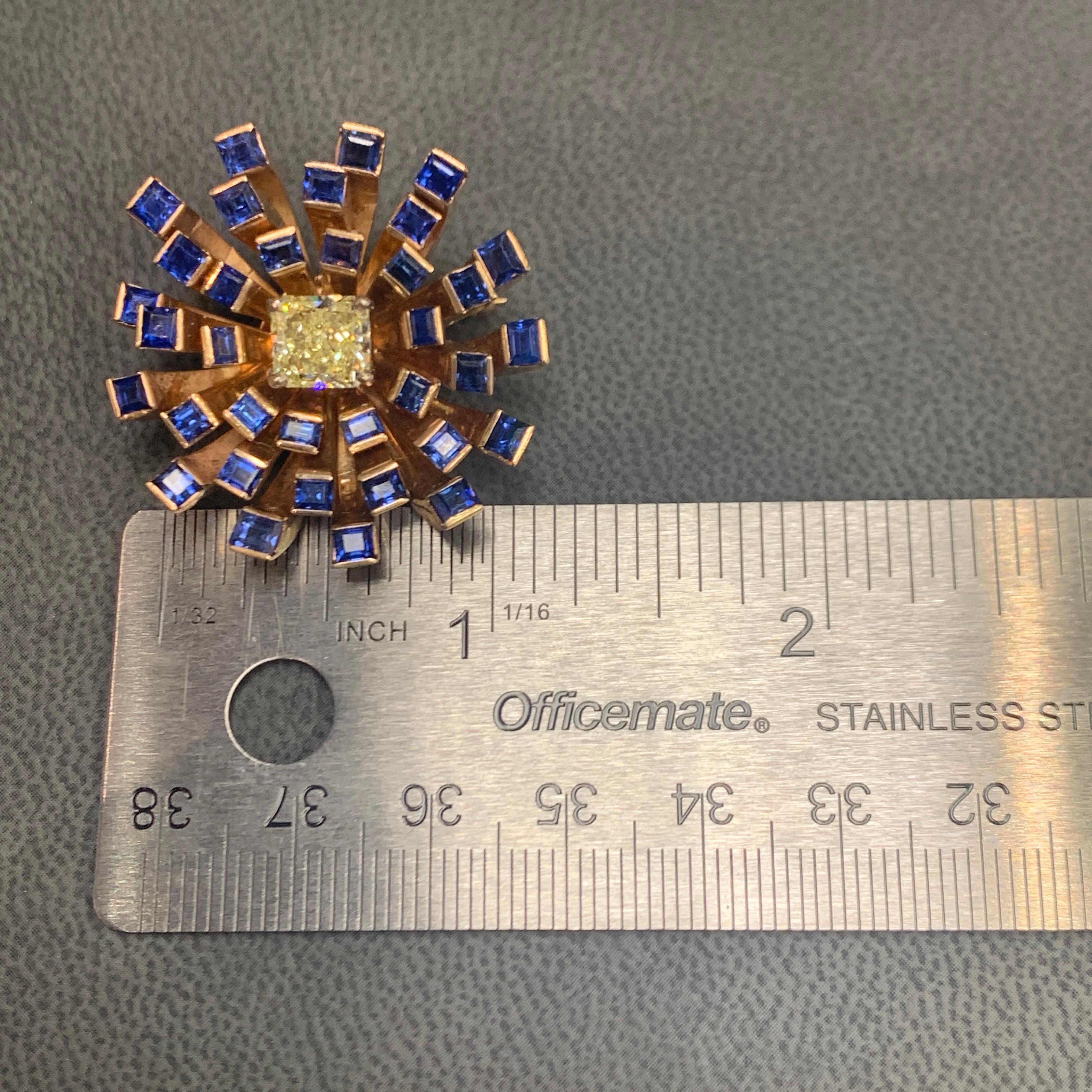 Broche rétro fantaisie fleur en diamant jaune et saphir en vente 3