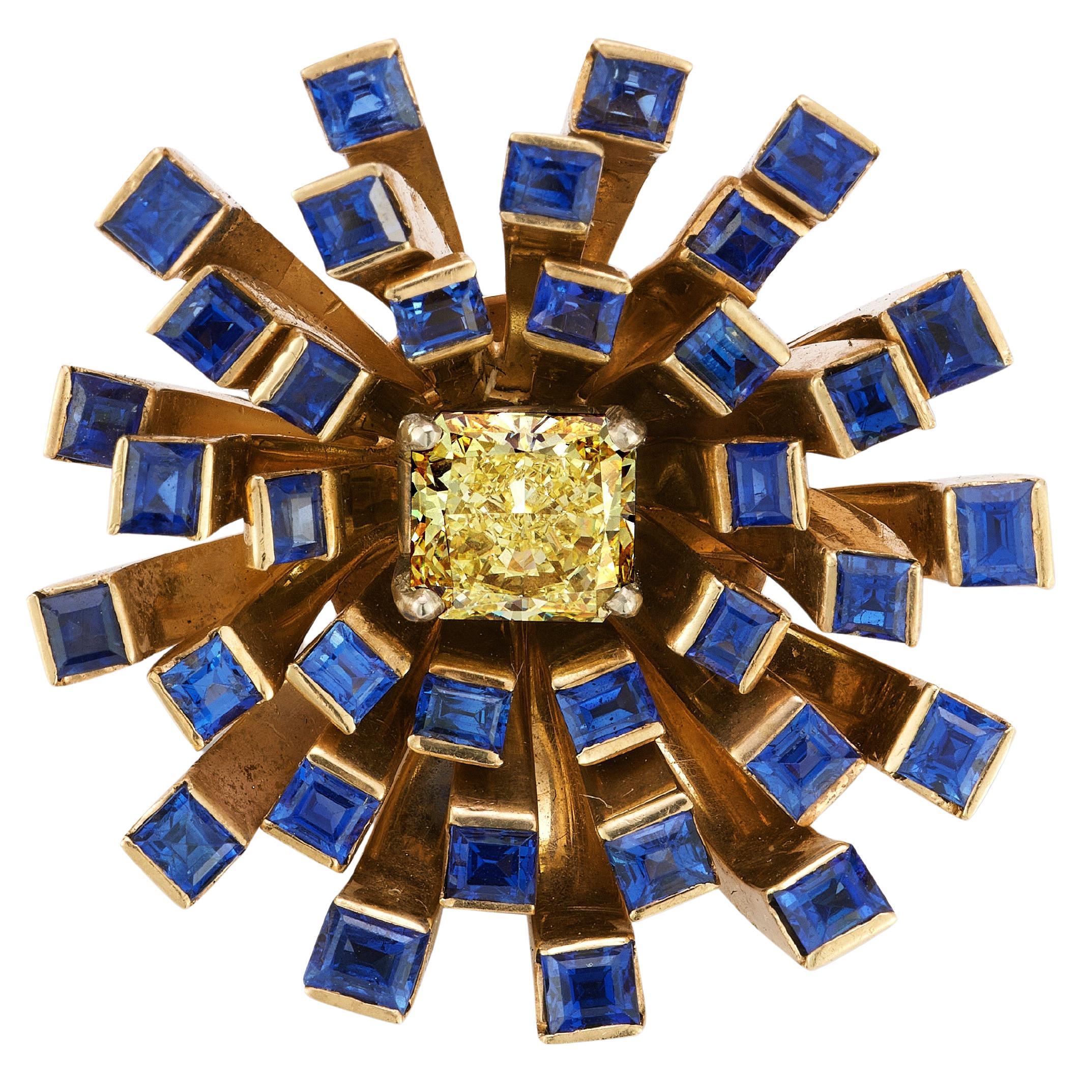 Broche Flor Retro Fancy Amarillo Diamante y Zafiro
