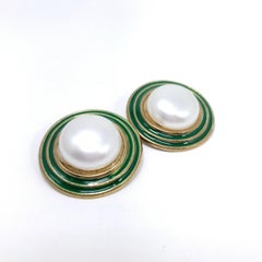 Retro Faux Pearl Hippie Clip On Earrings, Green Enamel, Late 1900s