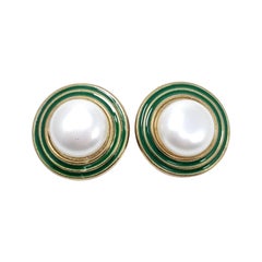 Retro Faux Pearl Hippie Clip On Earrings, Green Enamel, Late 1900s